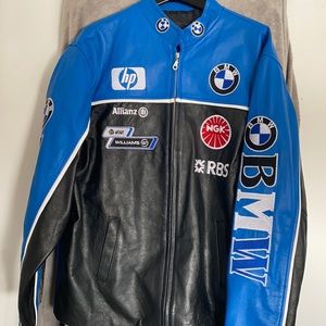 BMW Men’s XL Authentic Leather black and blue jacket with patches